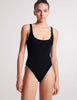On model image of front view of black one piece swimsuit