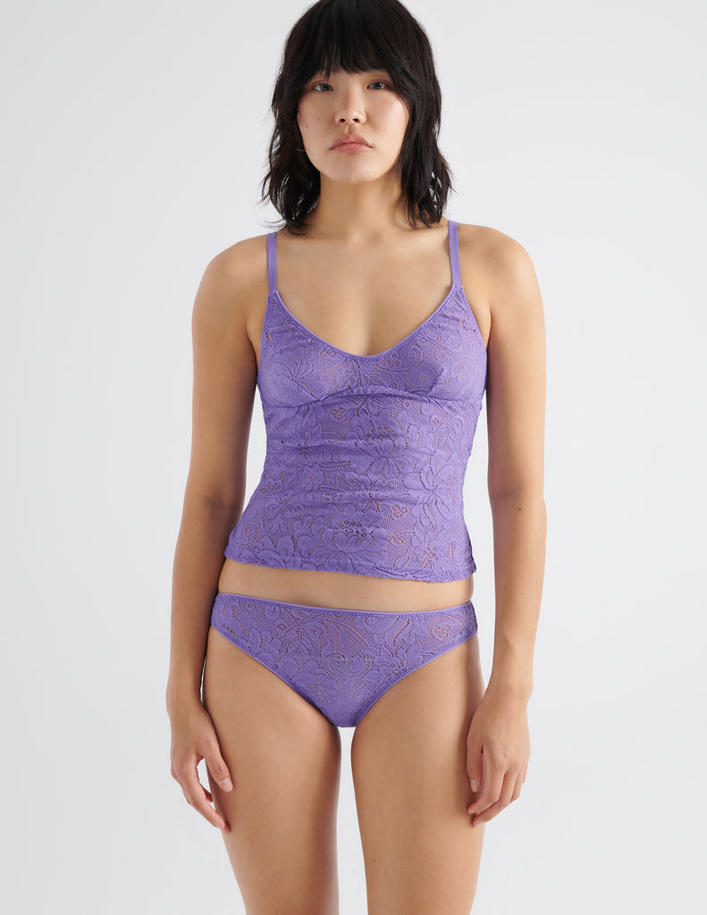 front view on model of purple cami and panty